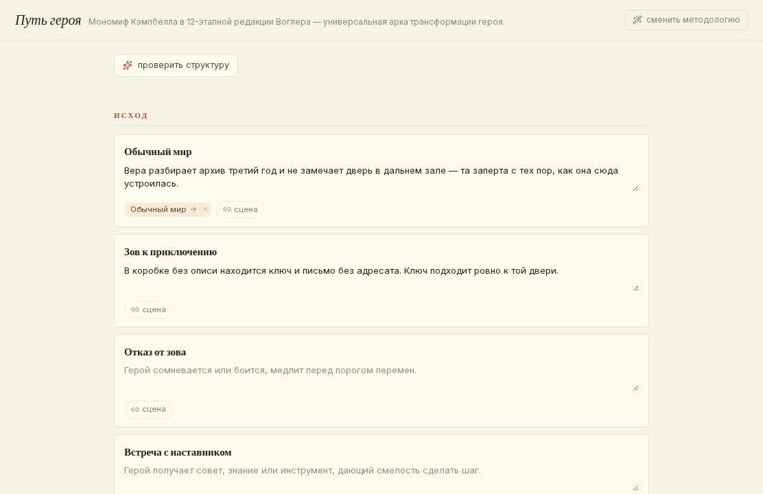 Раздел «Сюжет» с применённой методикой «Путь героя»: бит «Обычный мир» с заметкой и привязанной сценой, следом — «Зов к приключению» с заметкой